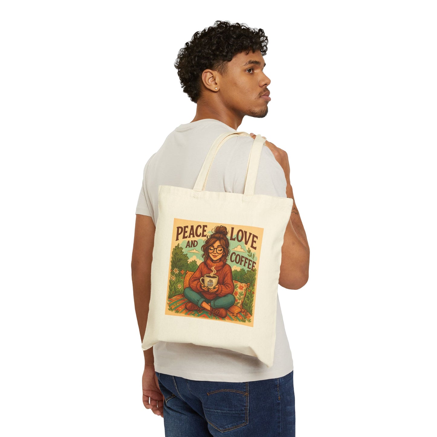 Peace, Love, and Coffee Canvas Tote Bag - Eco-Friendly Shopper, Gift for Coffee Lovers, Reusable Tote, Everyday Use, Perfect for Groceries