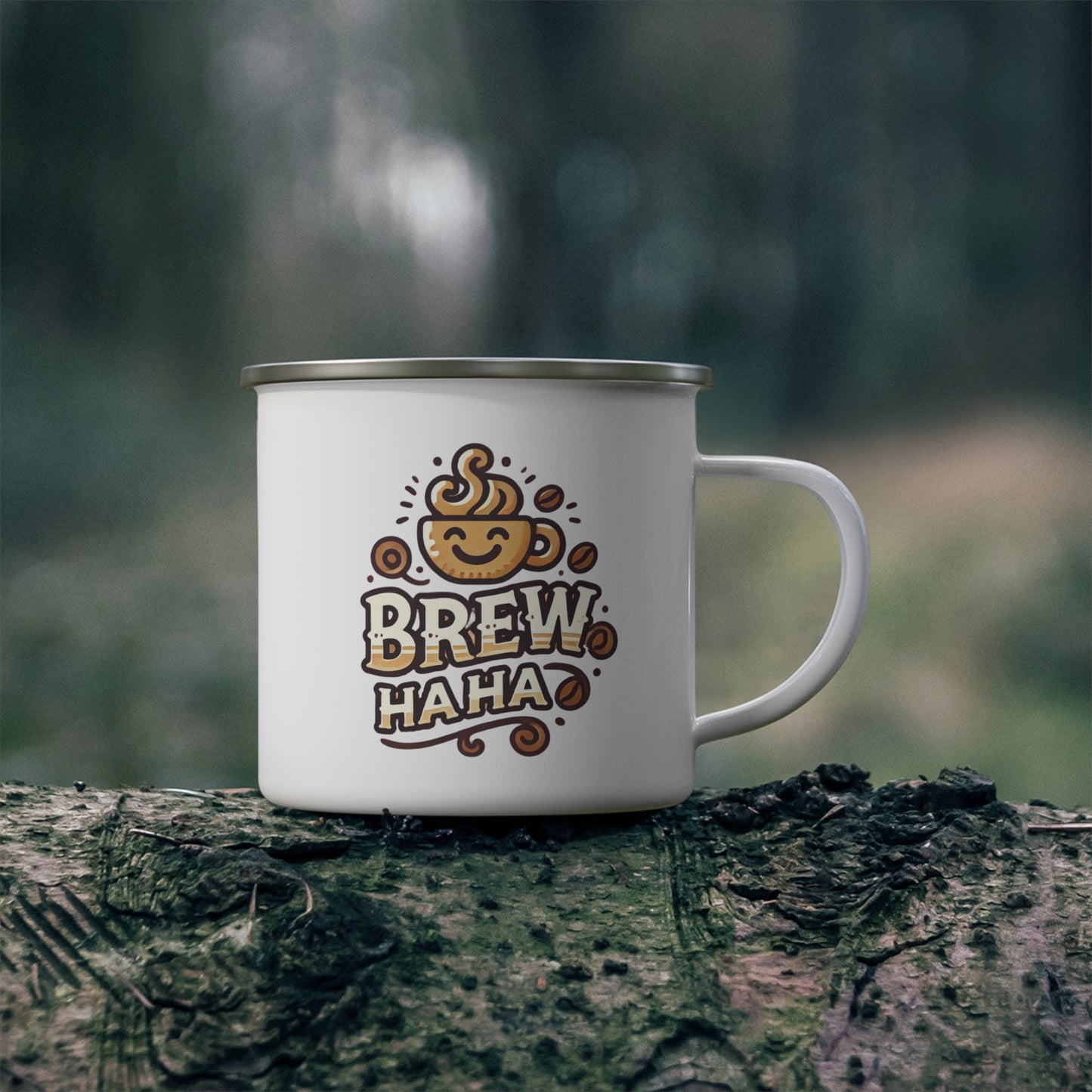 Whimsical Enamel Camping Mug - Brew Haha, Coffee Lover Gift, Outdoorsy Vibe, Adventure Companion, Campfire Essential