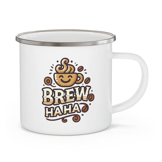 Whimsical Enamel Camping Mug - Brew Haha, Coffee Lover Gift, Outdoorsy Vibe, Adventure Companion, Campfire Essential