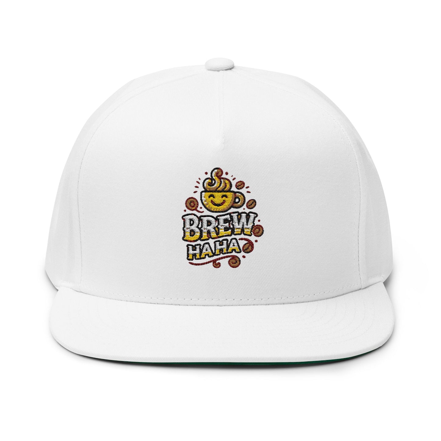 Brew Haha Embroidered Flat Bill Cap, Fun Coffee Hat, Unisex Headwear, Gift for Coffee Lovers, Cap for Festivals